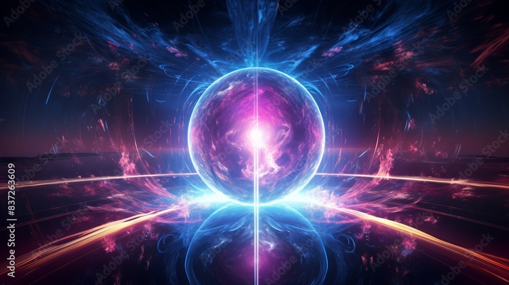 Fototapeta premium Illustrated quantum nuclear fusion, neon plasma flows, high-tech, wide angle