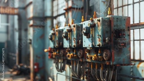 Vintage electric transformers in an old power station. 8k  realistic  full ultra HD  high resolution and cinematic photography