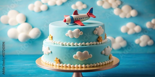 A cake with fondant clouds and an airplane on top, set against a sky-blue frosting , cake, fondant, clouds, airplane, decoration, dessert, bakery, celebration, birthday, flying, sky, blue