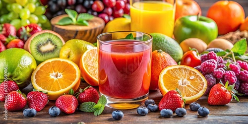 A refreshing glass of fruit juice surrounded by a variety of colorful fresh fruits   healthy  vitamin  natural  organic  drink  nutrition  beverage  citrus  tropical  delicious  sweet