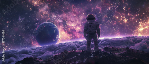 Astronaut Standing on a Purple Planet With a Large Moon in the Sky
