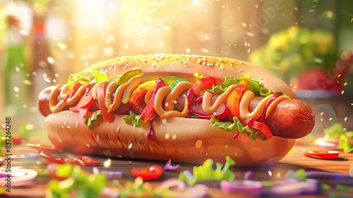 juicy hotdog overflowing with fresh vegetables and succulent sausage appetizing fast food concept digital illustration photo