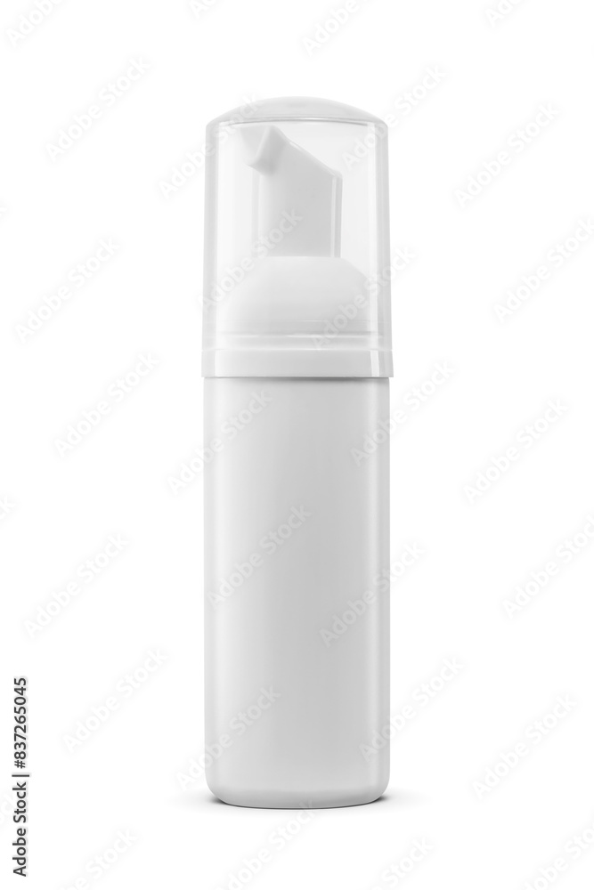 Empty plastic bottle with pump mechanism, specifically designed for dispensing frothy substances isolated. Transparent PNG image. Empty plastic bottle with pump mechanism, specifically designed for dispensing frothy substances isolated. Transparent PNG image.