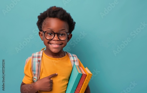 Smiling Young Girl Wearing Glasses Holds Textbook Against Blue Background