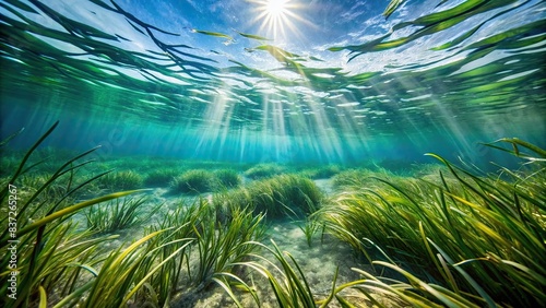 Underwater seagrass swaying with ocean current, ocean, marine, underwater, seagrass, plant, ecosystem, nature, motion, flowing, peaceful, tranquility, marine life, aquatic, movement photo