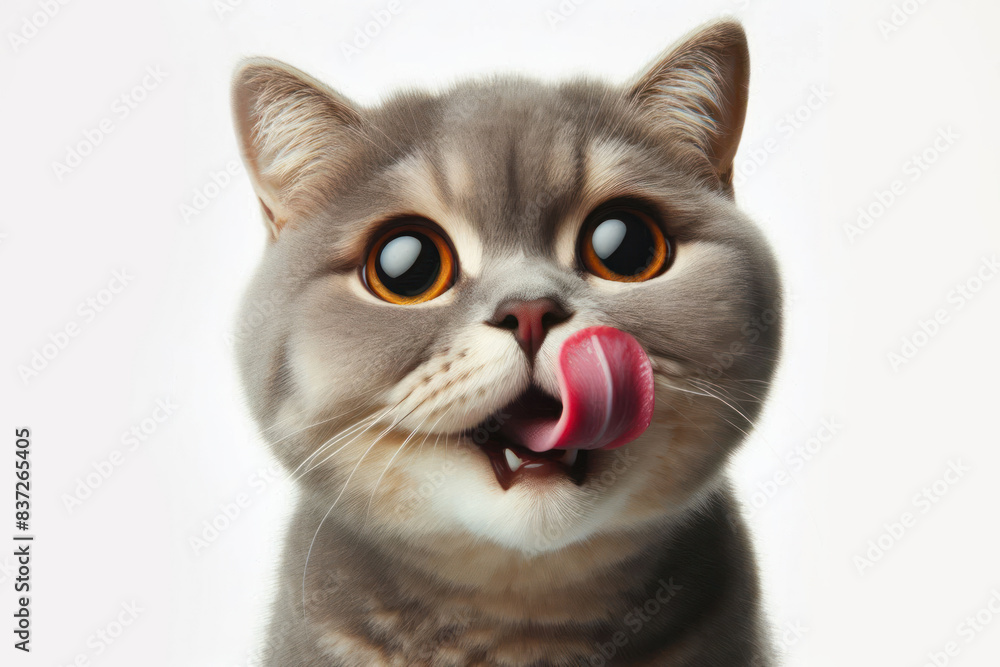 Obraz premium hungry and funny cat licking it lips with tongue on white background