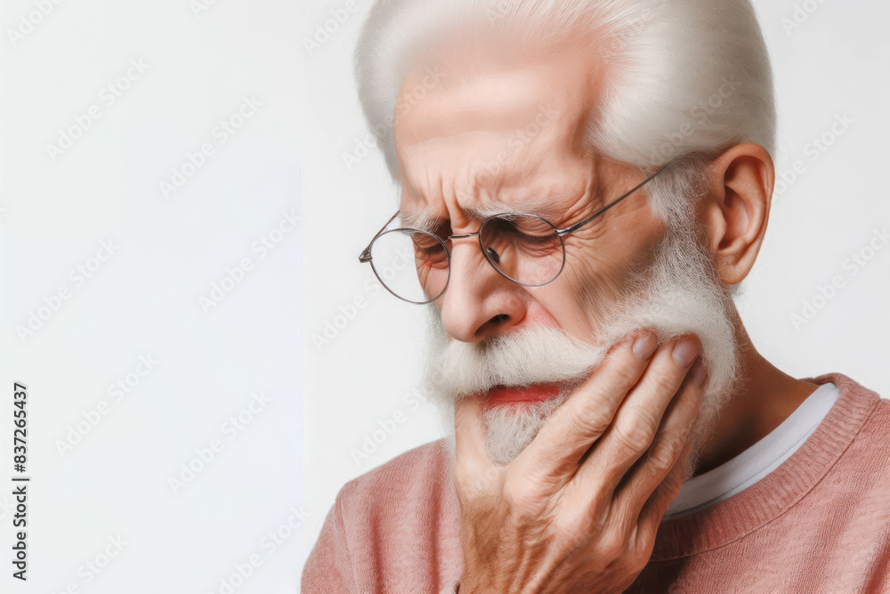 Old person suffering from toothache holding his chin with his hand Isolated on white background Old person suffering from toothache holding his chin with his hand Isolated on white background
