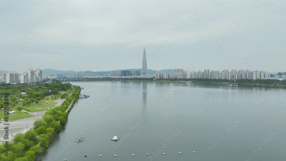 Drone View of Seoul city in South Korea, Ttukseom Island, Han river subway, Summer Drone View of Seoul city in South Korea, Ttukseom Island, Han river subway, Summer