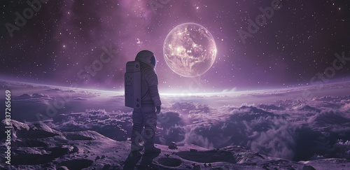 Astronaut Standing on a Purple Planet With a Large Moon in the Sky