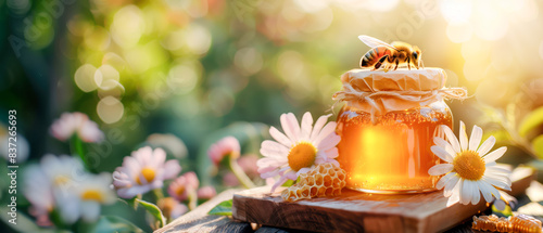 bee on a flower and honey in big jar on wooden board photo