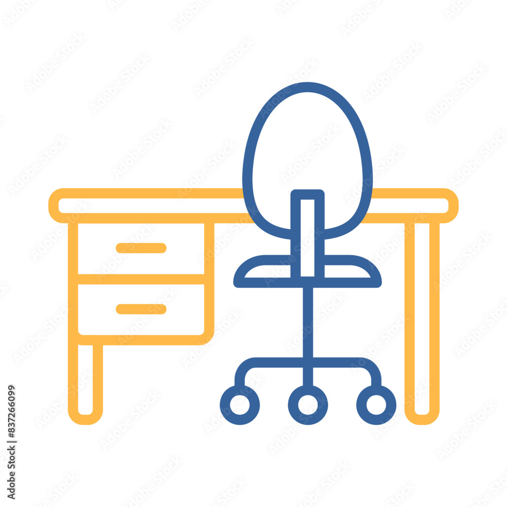 Home or office desk with caster chair icon Home or office desk with caster chair icon