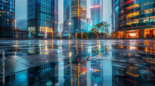 City square floor and modern commercial building scenery at night in Shanghai. Famous financial district buildings in Shanghai.  photo