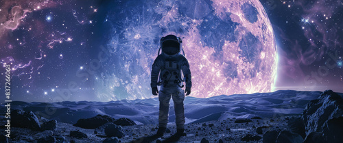 Astronaut Standing on a Purple Planet With a Large Moon in the Sky