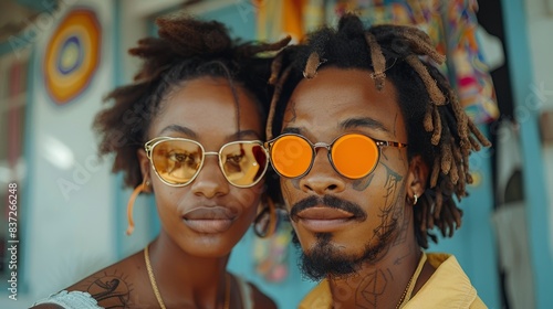 Young Couple Wearing Sunglasses and Smiling in Front of Colorful Wall