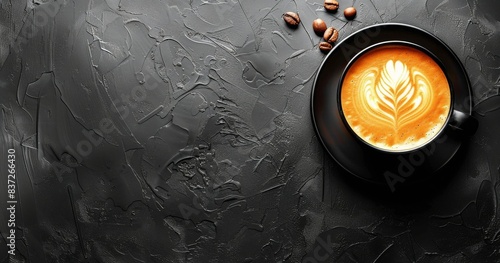 Top View of a Cup of Latte Art Coffee on Black Background With Coffee Beans