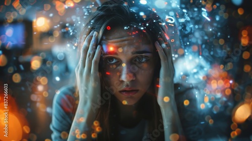 Woman experiencing stress and anxiety with bokeh lights in the background, capturing emotional depth and mental health challenges. photo