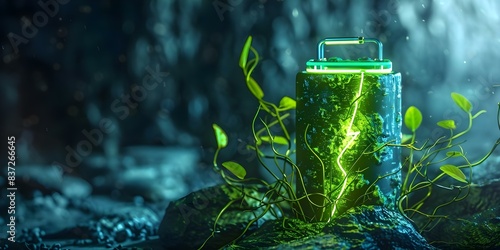 Illuminated Lithium-Ion Battery Symbol with Neon Green Abstract Roots on Dark Background. Concept Neon Green Abstract Roots, Lithium-Ion Battery Symbol, Illuminated, Dark Background photo