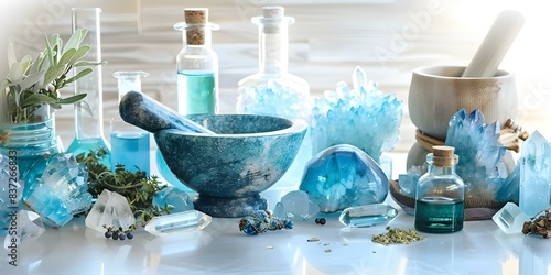 Alchemy lab with mortar pestle crystals potions oils herbs and esoteric items. Concept Alchemy, Mortar Pestle, Crystals, Potions, Oils, Esoteric Items photo