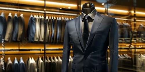 Elegant navy blue men's suit showcased on mannequin in high-end boutique. Concept Fashion, Men's Style, Navy Blue, Elegant, Boutique photo