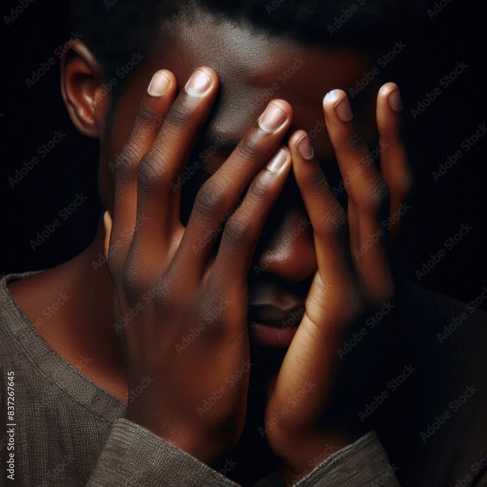 Sad african man covering his face with his hands, low key portrait Isolated on black background Sad african man covering his face with his hands, low key portrait Isolated on black background
