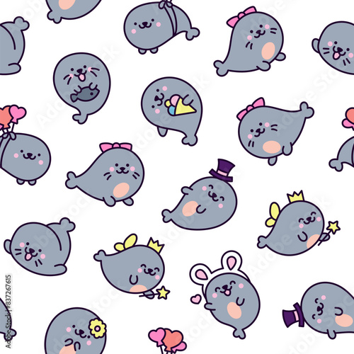 Cute kawaii baby seals. Seamless pattern. Funny cartoon characters arctic and antarctic animals. Hand drawn style. Vector drawing. Design ornaments.