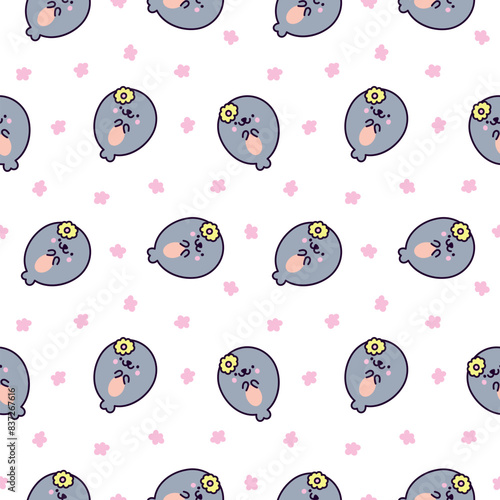 Cute kawaii baby seals. Seamless pattern. Funny cartoon characters arctic and antarctic animals. Hand drawn style. Vector drawing. Design ornaments.