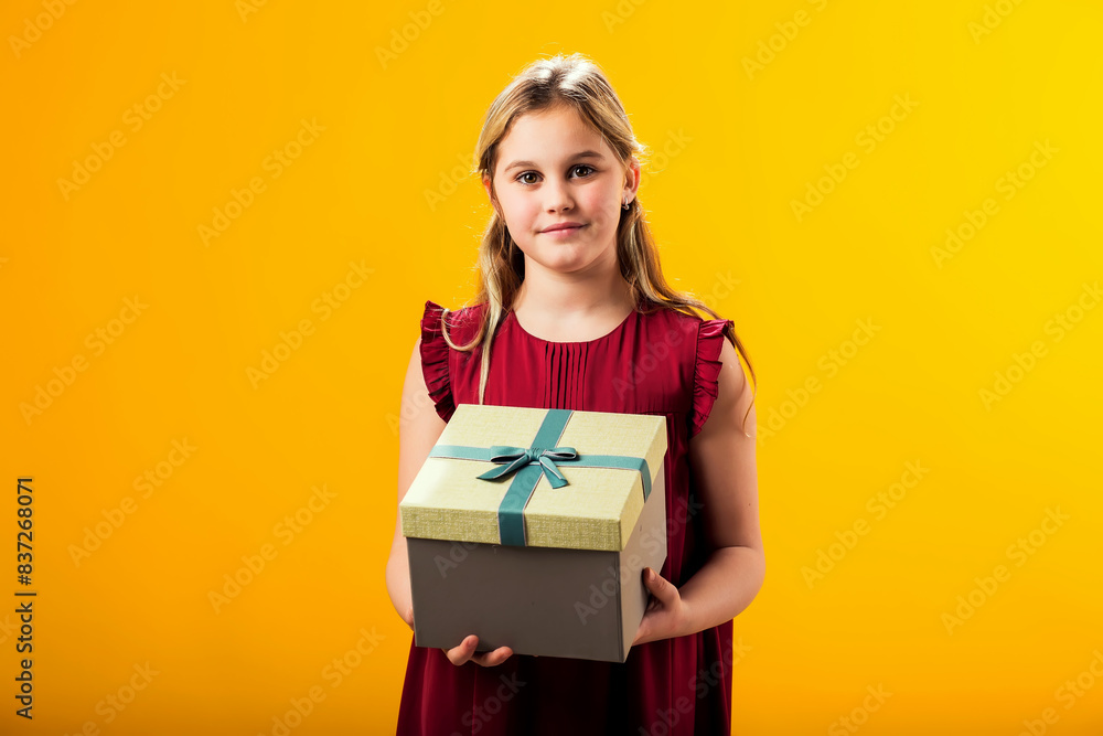 Smiling kid girl holding giftbox over yellow background. Birthday and celebration concept Smiling kid girl holding giftbox over yellow background. Birthday and celebration concept