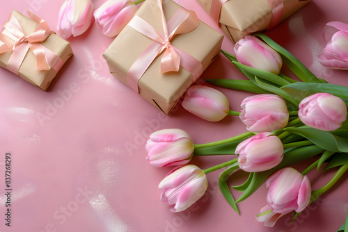 Elegant Gift Boxes and Pink Tulips on Pastel Background
