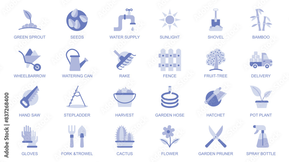 Fototapeta premium Garden flowers web icons set in duotone flat design. Pack pictograms with green sprout, seeds, sunlight, shovel, bamboo, wheelbarrow, watering can, rake, fence, fruit tree, other. Vector illustration.