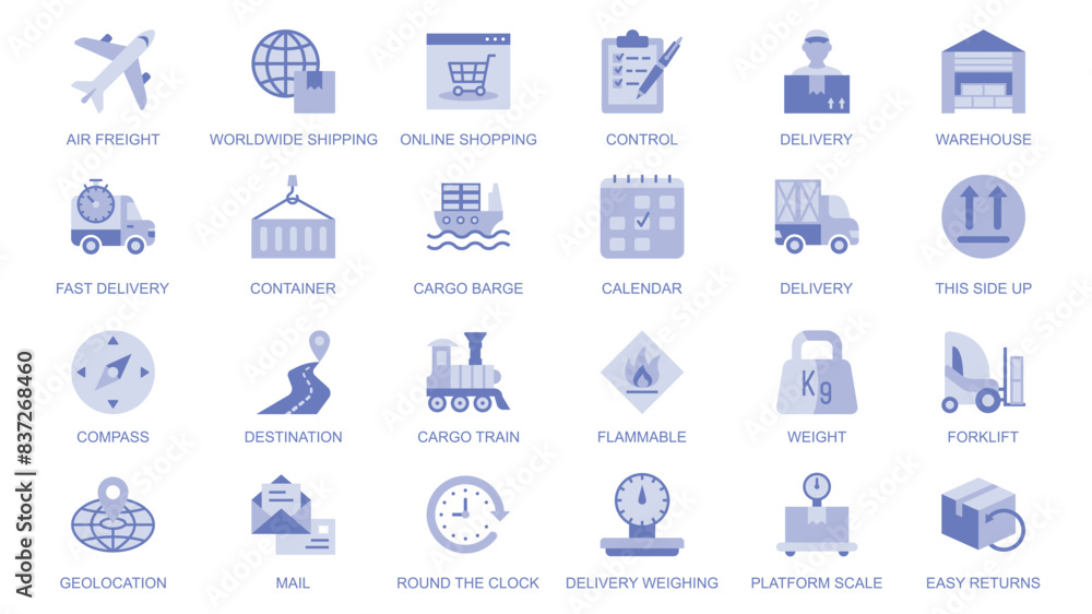 Worldwide delivery web icons set in duotone flat design. Pack pictograms with air freight, shipping, online shopping, control, warehouse, container, location, destination, mail. Vector illustration.