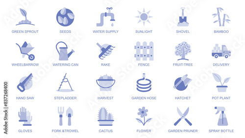 Garden flowers web icons set in duotone flat design. Pack pictograms with green sprout, seeds, sunlight, shovel, bamboo, wheelbarrow, watering can, rake, fence, fruit tree, other. Vector illustration.