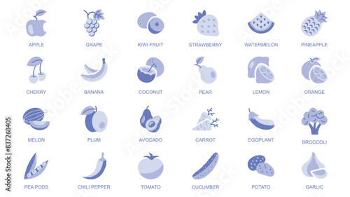 Fruit and vegetable web icons set in duotone flat design. Pack pictograms with apple, grape, kiwi, strawberry, watermelon, pineapple, cherry, banana, coconut, pear, lemon, other. Vector illustration.