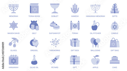 Hanukkah web icons set in duotone flat design. Pack pictograms with menorah, torah book, goblet, hamesh, gift, magen david, gelt, sufganiyot, oil pitcher, candle, olives, other. Vector illustration.