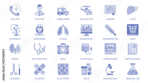 Medical healthcare web icons set in duotone flat design. Pack pictograms with doctor, ambulance, liver, pharmacy, nurse, lungs, diagnostic, thermometer, x-ray, help, pills, other. Vector illustration.