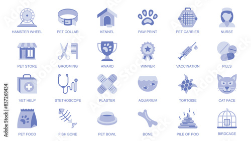 Pets and veterinary web icons set in duotone flat design. Pack pictograms with hamster wheel, collar, kennel, paw print, carrier, grooming, vaccination, pills, cat face, other. Vector illustration.