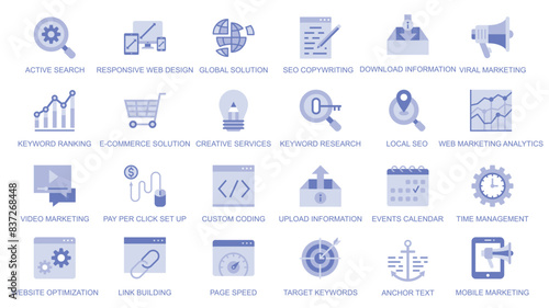 SEO optimization web icons set in duotone flat design. Pack pictograms with active search, global solution, copywriting, download information, viral marketing, keyword ranking. Vector illustration.