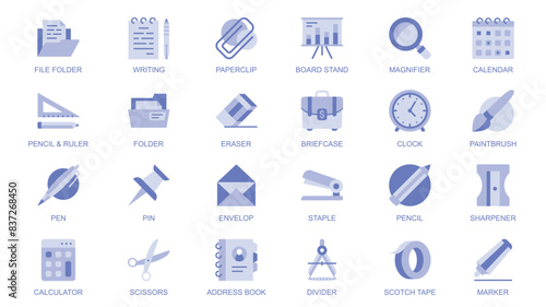 Stationery web icons set in duotone flat design. Pack pictograms with file folder, writing, paperclip, board stand, magnifier, calendar, pencil, ruler, eraser, briefcase, clock. Vector illustration.