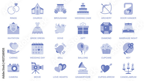 Wedding web icons set in duotone flat design. Pack pictograms with rings, church, brougham, cake, archery, invitation, bride dress, dove, gift, love hearts, marriage night, other. Vector illustration.