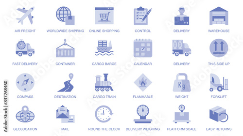 Worldwide delivery web icons set in duotone flat design. Pack pictograms with air freight, shipping, online shopping, control, warehouse, container, location, destination, mail. Vector illustration.