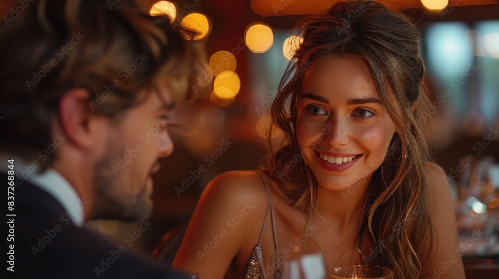 Beautiful loving couple is spending time together in modern restaurant. Attractive young woman in dress and handsome man in suit are having romantic dinner. Celebrating Saint Valentine's Day. Beautiful loving couple is spending time together in modern restaurant. Attractive young woman in dress and handsome man in suit are having romantic dinner. Celebrating Saint Valentine's Day.