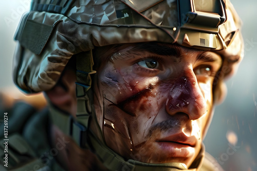 Military Army Marine Combat Soldier in Uniform with scars and wounds after War Mission Battle Veteran Serviceman Concept photo