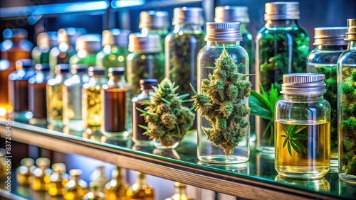 Close-up of high-tech cannabis products on display, technology, innovation, marijuana, CBD, dispensary, electronic, modern, equipment, medical, business, innovation, pharmaceutical