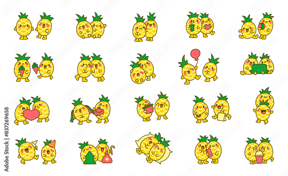 Cute kawaii pineapples with funny faces. Adorable cartoon fruits. Hand drawn style. Vector drawing. Collection of design elements. Cute kawaii pineapples with funny faces. Adorable cartoon fruits. Hand drawn style. Vector drawing. Collection of design elements.