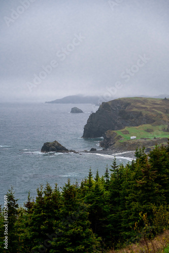 Foggy Newfoundland Coastline with Blue Ocean Waters