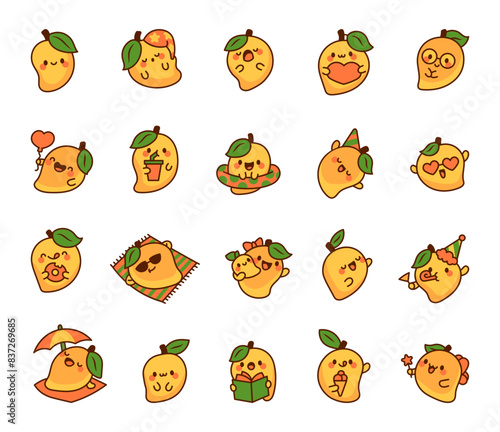 Cute kawaii mango with funny face. Cartoon fruit character. Hand drawn style. Vector drawing. Collection of design elements.