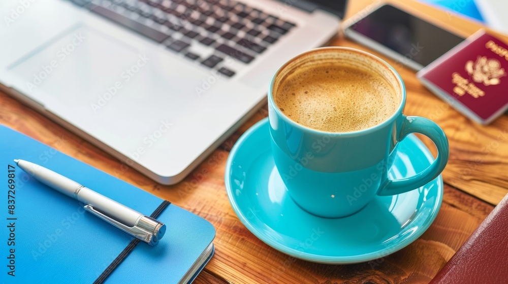 Remote Work Essentials Display: Vibrant Blue Laptop, Red Passport, and Coffee on a Wooden Desk in Minimalist Lifestyle Setup with Soft White Backdrop Remote Work Essentials Display: Vibrant Blue Laptop, Red Passport, and Coffee on a Wooden Desk in Minimalist Lifestyle Setup with Soft White Backdrop