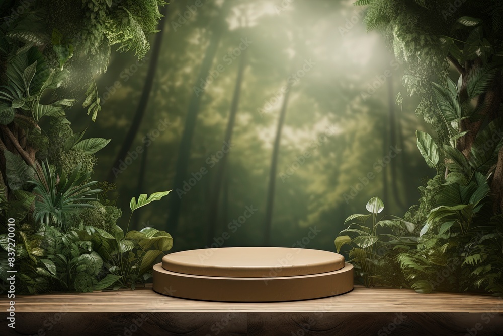 podium and fresh leaves on a green background, generative ai podium and fresh leaves on a green background, generative ai