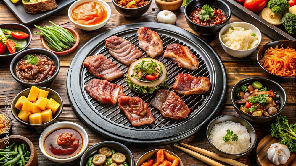 Traditional Korean BBQ meat grilled on a tabletop grill with assorted