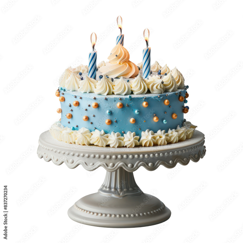 Elegant blue birthday cake with three lit candles on a decorative stand ...