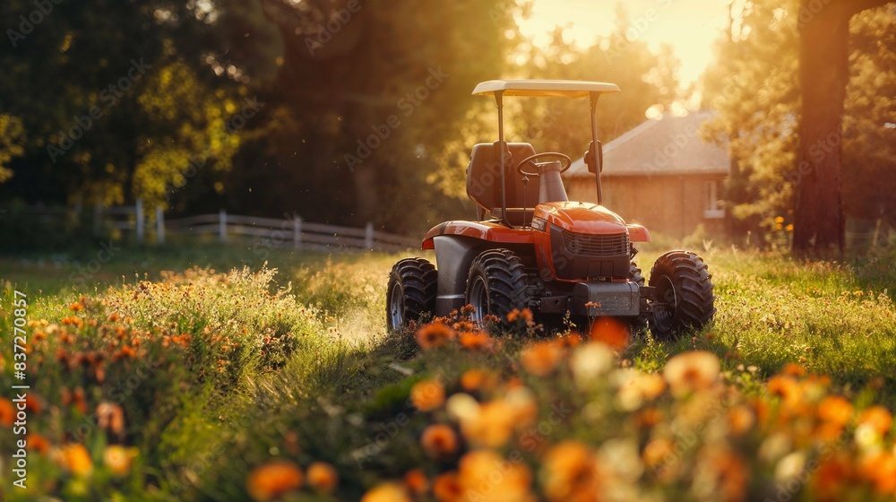 Tractor in a Flower Field at Sunrise Tractor in a Flower Field at Sunrise